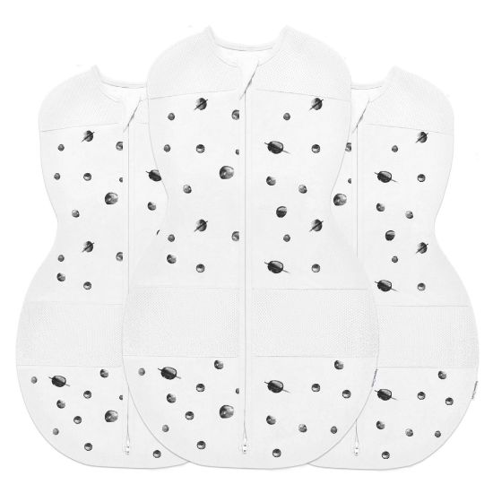 Picture of Happiest Baby Sleepea 5-Second Swaddle - 100% Organic Cotton Baby Swaddle Blanket - Doctor Designed Promotes Healthy Hip Development - 3-Pack Newborn Bundle (Ivory Planets, 2 x Small, 1 x Medium)