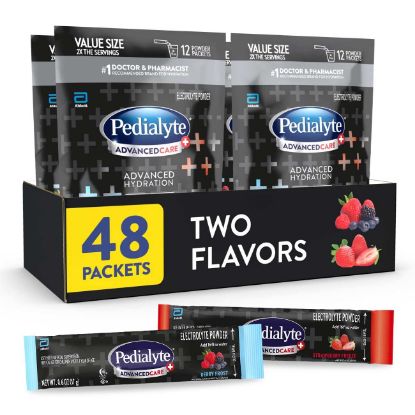 Picture of Pedialyte AdvancedCare Plus Electrolyte Powder, Has 33% More Electrolytes and PreActiv Prebiotics, Variety Pack: Berry Frost and Strawberry Freeze, 24 Powder Packets