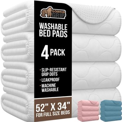 Picture of GORILLA GRIP Washable Underpads, Waterproof Reusable Heavy Absorbency Incontinence Bed Pads, Leak Proof Toddler Mattress Pad, 52x34 4 Pack, Slip Resistant for Bedwetting, Adults and Kids, White