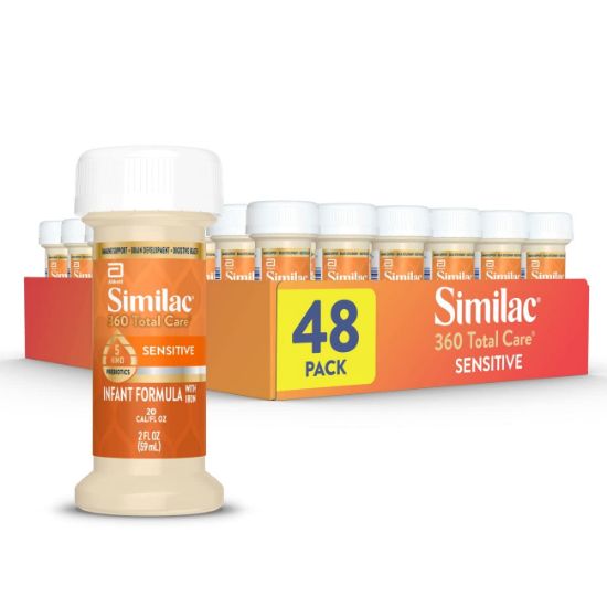 Picture of Similac 360 Total Care Sensitive Infant Formula for Fussiness & Gas Due to Lactose Sensitivity, Has 5 HMO Prebiotics, Non-GMO, Baby Formula, Ready to Feed, 2-fl-oz Bottle, Pack of 48