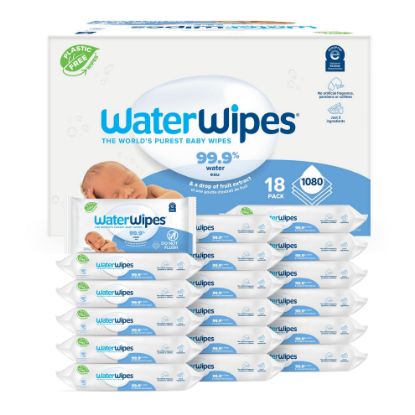 Picture of WaterWipes Plastic-Free Original Baby Wipes, 99.9% Water Based Wipes, Unscented & Hypoallergenic for Sensitive Skin, 1080 Count (18 packs)