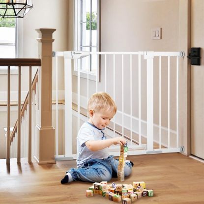 Picture of COMOMY 30" Tall Baby Gate for Stairs Doorways, Fits Openings 29.5" to 43.3" Wide, Auto Close Extra Wide Dog Gate for House, Pressure Mounted Easy Walk Through Pet Gate with Door, White