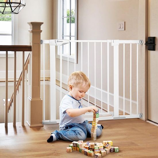 Picture of COMOMY 30" Tall Baby Gate for Stairs Doorways, Fits Openings 29.5" to 43.3" Wide, Auto Close Extra Wide Dog Gate for House, Pressure Mounted Easy Walk Through Pet Gate with Door, White
