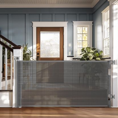 Picture of Cumbor Retractable Baby Gates - Wide Dog & Child Fence for The House, 33" Tall, Extends to 76", Extra Long Mesh Pet Safety Gate for Stairs, Doorways & Hallways, Porch, Indoor/Outdoor (Gray)