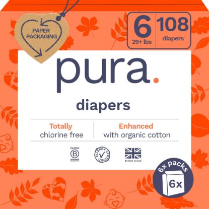 Picture of Pura Size 6 Eco-Friendly Diapers (29+ lbs) Totally Chlorine Free (TCF),Hypoallergenic, Soft Organic Cotton, Sustainable, up to 12 Hours Leak Protection, Allergy UK, 6 Packs of 18 (108 Diapers)