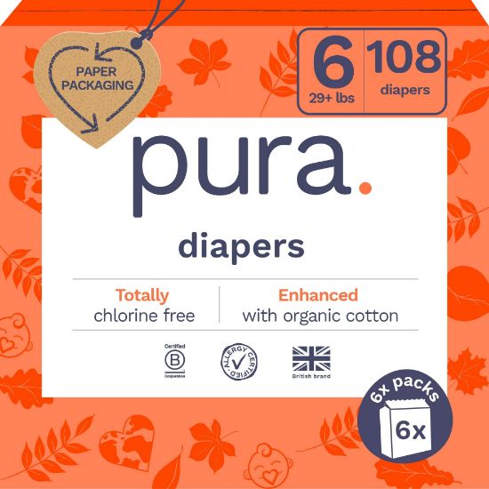 Picture of Pura Size 6 Eco-Friendly Diapers (29+ lbs) Totally Chlorine Free (TCF),Hypoallergenic, Soft Organic Cotton, Sustainable, up to 12 Hours Leak Protection, Allergy UK, 6 Packs of 18 (108 Diapers)
