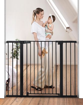 Picture of COMOMY 36" Extra Tall Baby Gate for Stairs and Doorways - Fits 29.5" to 48.8" Wide Openings, Auto Close Extra Wide Dog Gate for House, Pressure Mounted Easy Walk Through Pet With Door, Black