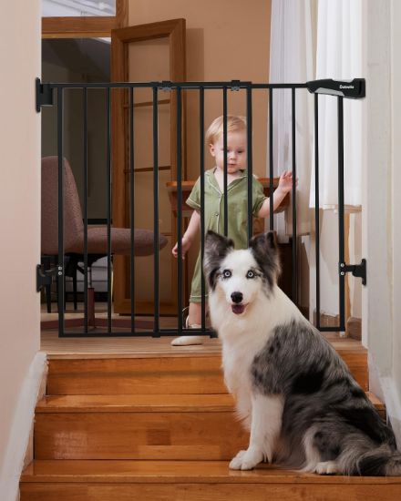 Picture of Babelio 26-43" No Bottom Bar Baby Gate for Babies, Elders and Pets, 2-in-1 Hardware Mount Dog Gate for The House, Stairs and Doorways, with Large Walk Thru Door, Black