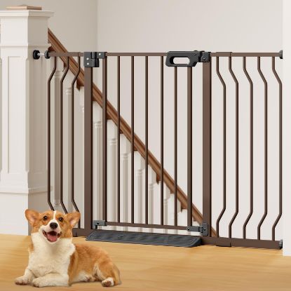 Picture of Mom's Choice-GROWNSY Baby Gate for Stairs, 29.5"-48.4" Pressure Mounted Baby Gate for Top of Stair&Doorway with V-Shaped Rods, Anti-Trip Pedal,Wide Stairs Dog Gate Easy Install w/Red Reminder,Brown