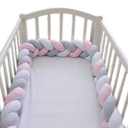 Picture of LOAOL Baby Crib Bumper Knotted Braided Plush Nursery Cradle Decor Newborn Gift Pillow Cushion Junior Bed Sleep Bumper (4 Meters, White-Gray-Rose)