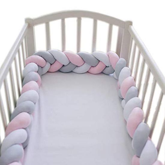 Picture of LOAOL Baby Crib Bumper Knotted Braided Plush Nursery Cradle Decor Newborn Gift Pillow Cushion Junior Bed Sleep Bumper (4 Meters, White-Gray-Rose)