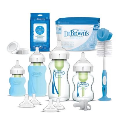Picture of Dr. Brown’s Natural Flow Anti-Colic Options+ Wide-Neck Glass Baby Bottle Starter Set with 100% Silicone Glass Bottle Sleeves, Baby Bottle Brush, Prevent Pacifier and Pacifier and Bottle Wipes
