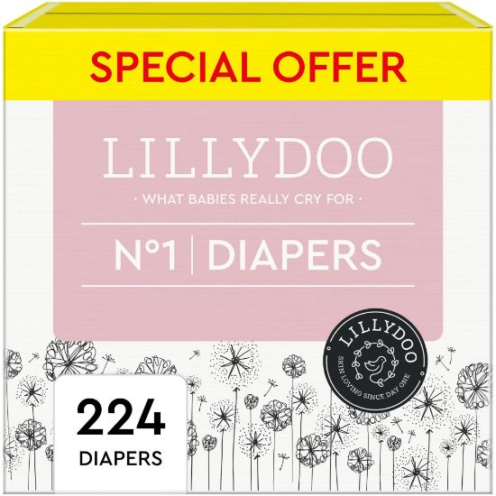 Picture of LILLYDOO Diapers - Size 1 (4-11 lbs), Monthly Supply (224 Count),Skin-Friendly, Ultra Soft, Chlorine-Free & Absorbent Baby Diapers