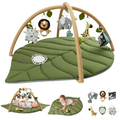Picture of Blissful Diary Baby Play Gym & Activity Mat, Oversize Leaf Shaped Baby Play Mat w 6 Detachable Toys, Tummy Time Mat Promote Motor Skills & Sensory Development Mat, Newborn Infant Baby Essentials Gift