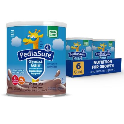 Picture of PediaSure Grow & Gain With Immune Support Shake Mix Powder, 23 Vitamins & Minerals, 6g Protein, Helps Kids Catch Up On Growth, Non-GMO, Gluten-Free, Chocolate, 14.1 oz Can, Pack of 6