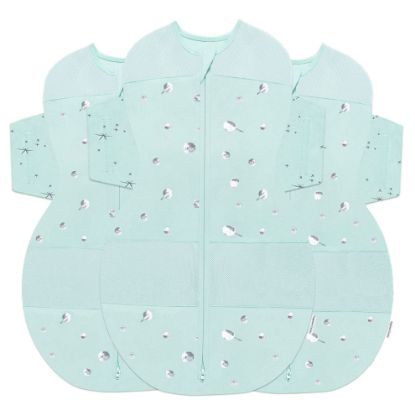Picture of Happiest Baby SNOO Sleep Sack - 100% Organic Cotton Baby Swaddle Blanket - Doctor Designed Promotes Healthy Hip Development - 3-Pack Bundle (Teal Planets, S, M, L)