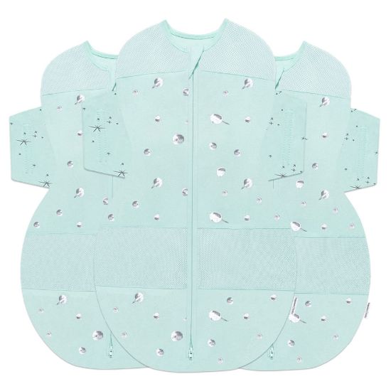 Picture of Happiest Baby SNOO Sleep Sack - 100% Organic Cotton Baby Swaddle Blanket - Doctor Designed Promotes Healthy Hip Development - 3-Pack Bundle (Teal Planets, S, M, L)