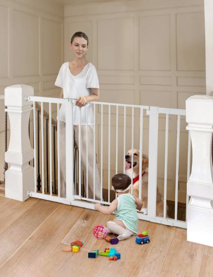 Picture of COMOMY 30" Tall Baby Gate for Stairs Doorways, Fits Openings 29.5" to 51.6" Wide, Auto Close Extra Wide Dog Gate for House, Pressure Mounted Easy Walk Through Pet Gate with Door, White