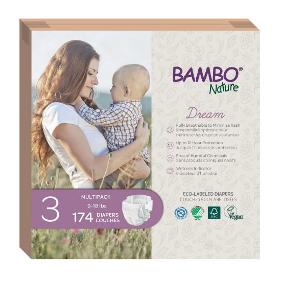 Picture of Bambo Nature Hypoallergenic Baby Diapers, Eco-Labelled Sustainable Diapers, Enhanced Leakage Protection, Totally Chlorine-free, Skin Friendly, and Super Absorbent - Size 3 (174 Count)