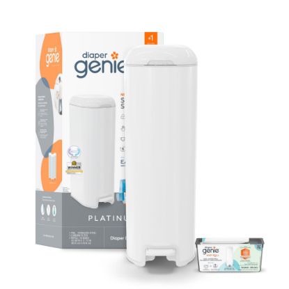 Picture of Diaper Genie Platinum Pail (Lilly White) is Made of Durable Stainless Steel and Includes 1 Easy Roll Refill with 18 Bags That can Last up to 5 Months.