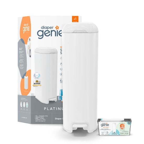 Picture of Diaper Genie Platinum Pail (Lilly White) is Made of Durable Stainless Steel and Includes 1 Easy Roll Refill with 18 Bags That can Last up to 5 Months.