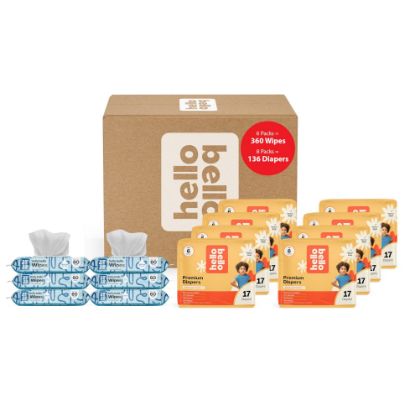 Picture of Hello Bello Mega Surprise Pack, Size 6 (35+ lbs), 136ct Hypoallergenic Assorted Diapers with a Soft, Cloth-Like Feel Plus 360 Ultra Gentle Unscented Baby Wipes in 6 Resealable Packs