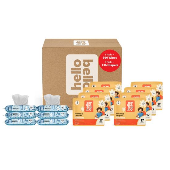 Picture of Hello Bello Mega Surprise Pack, Size 6 (35+ lbs), 136ct Hypoallergenic Assorted Diapers with a Soft, Cloth-Like Feel Plus 360 Ultra Gentle Unscented Baby Wipes in 6 Resealable Packs