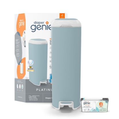 Picture of Diaper Genie Platinum Pail (Glacial Blue) is Made in Durable Stainless Steel and Includes 1 Easy Roll Refill with 18 Bags That can Last up to 5 Months.