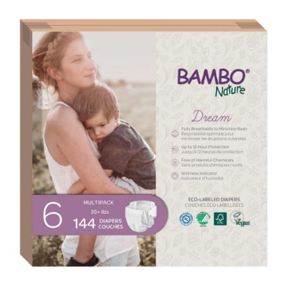 Picture of Bambo Nature Hypoallergenic Baby Diapers, Eco-Labelled Sustainable Diapers, Enhanced Leakage Protection, Totally Chlorine-free, Skin Friendly, and Super Absorbent - Size 6 (144 Count)