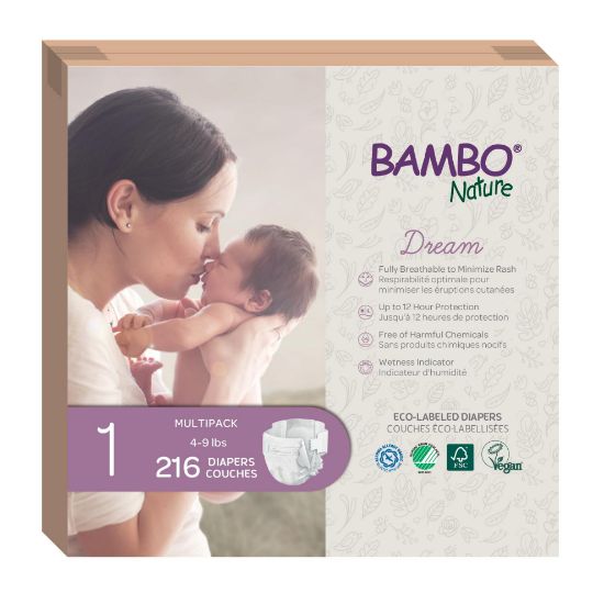 Picture of Bambo Nature Hypoallergenic Baby Diapers, Eco-Labelled Sustainable Diapers, Enhanced Leakage Protection, Totally Chlorine-free, Skin Friendly, and Super Absorbent - Size 1 (216 Count)