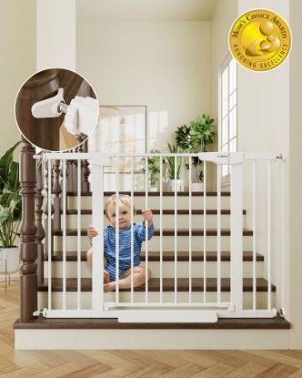 Picture of Cumbor 29.7-46" Baby Gate for Stairs, Toddler Safety Essentials for The House, Auto Close Dog Gate for Doorways, Mom's Choice Awards Winner-Easy Install Pressure Mounted Pet Gates for Dogs, White