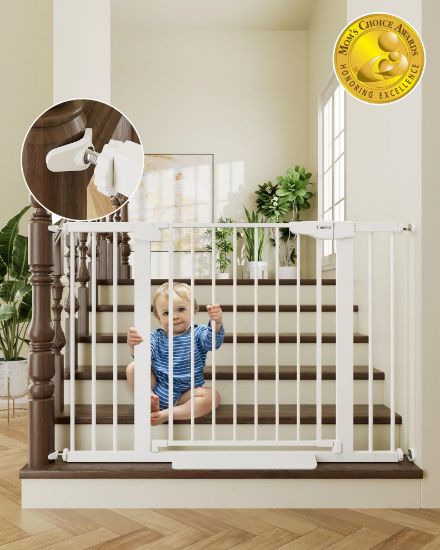 Picture of Cumbor 29.7-46" Baby Gate for Stairs, Toddler Safety Essentials for The House, Auto Close Dog Gate for Doorways, Mom's Choice Awards Winner-Easy Install Pressure Mounted Pet Gates for Dogs, White
