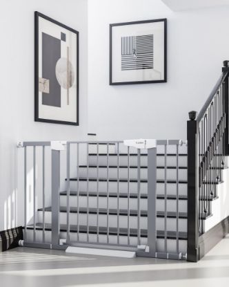 Picture of Cumbor 29.7-46" Baby Gate for Stairs, Gifts for Mom-Auto Close Dog Gate for The House, Easy Install Pressure Mounted Pet Gates for Doorways, Easy Walk Thru Wide Safety Gate for Dog, Gray