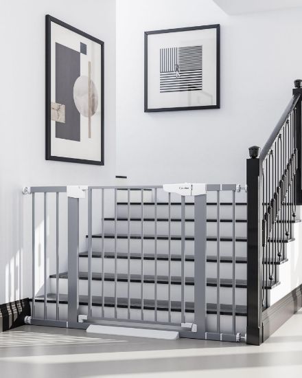 Picture of Cumbor 29.7-46" Baby Gate for Stairs, Gifts for Mom-Auto Close Dog Gate for The House, Easy Install Pressure Mounted Pet Gates for Doorways, Easy Walk Thru Wide Safety Gate for Dog, Gray