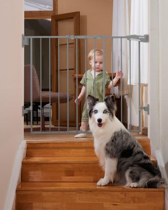Picture of Babelio 26-43" No Bottom Bar Baby Gate for Babies, Elders and Pets, 2-in-1 Hardware Mount Dog Gate for The House, Stairs and Doorways, with Large Walk Thru Door, Grey