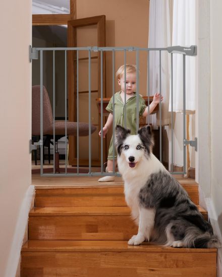 Picture of Babelio 26-43" No Bottom Bar Baby Gate for Babies, Elders and Pets, 2-in-1 Hardware Mount Dog Gate for The House, Stairs and Doorways, with Large Walk Thru Door, Grey