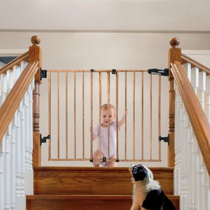 Picture of Babelio 26-43" No Bottom Bar Baby Gate for Babies, Elders and Pets, 2-in-1 Hardware Mount Dog Gate for The House, Stairs and Doorways, with Large Walk Thru Door, Brown Wood Pattern