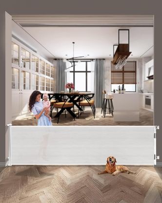 Picture of dearlomum 118 Inch Extra Wide Retractable Baby Gate,Mesh Large Baby Gate or Mesh Pet Dog Gate, Opening Wide Extra Long Child Safety Gate for Indoor Baby Fence, Outdoor, Stairs, Deck (White)