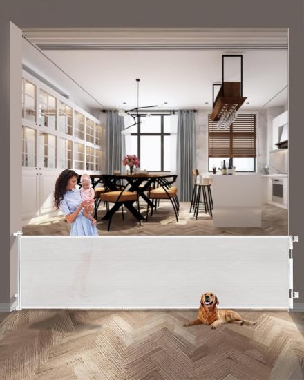 Picture of dearlomum 118 Inch Extra Wide Retractable Baby Gate,Mesh Large Baby Gate or Mesh Pet Dog Gate, Opening Wide Extra Long Child Safety Gate for Indoor Baby Fence, Outdoor, Stairs, Deck (White)
