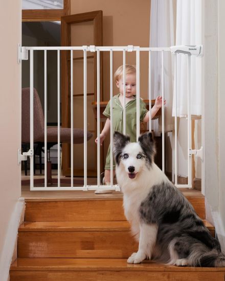 Picture of Babelio 26-43" No Bottom Bar Baby Gate for Babies, Elders and Pets, 2-in-1 Hardware Mount Dog Gate for The House, Stairs and Doorways, with Large Walk Thru Door, White