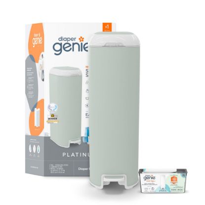 Picture of Diaper Genie Platinum Pail (Sage Green) is Made in Durable Stainless Steel and Includes 1 Easy Roll Refill with 18 Bags That can Last up to 5 Months.