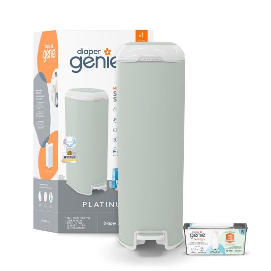 Picture of Diaper Genie Platinum Pail (Sage Green) is Made in Durable Stainless Steel and Includes 1 Easy Roll Refill with 18 Bags That can Last up to 5 Months.