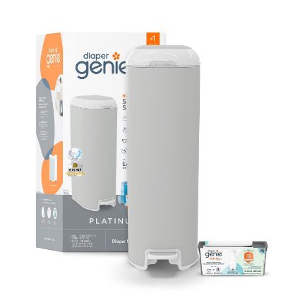 Picture of Diaper Genie Platinum Pail (Stone Grey) is Made in Durable Stainless Steel and Includes 1 Easy Roll Refill with 18 Bags That can Last up to 5 Months.