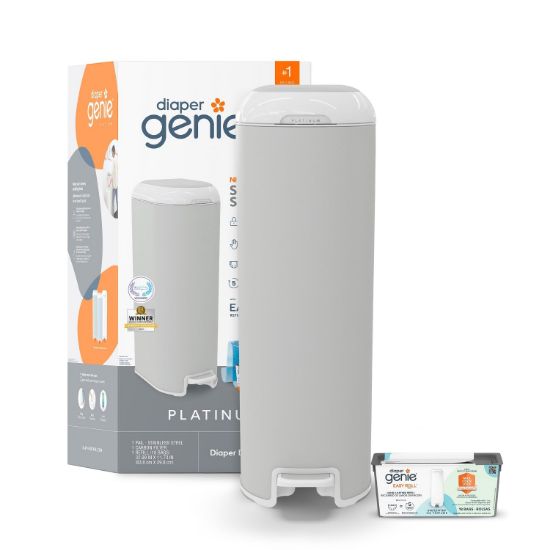 Picture of Diaper Genie Platinum Pail (Stone Grey) is Made in Durable Stainless Steel and Includes 1 Easy Roll Refill with 18 Bags That can Last up to 5 Months.
