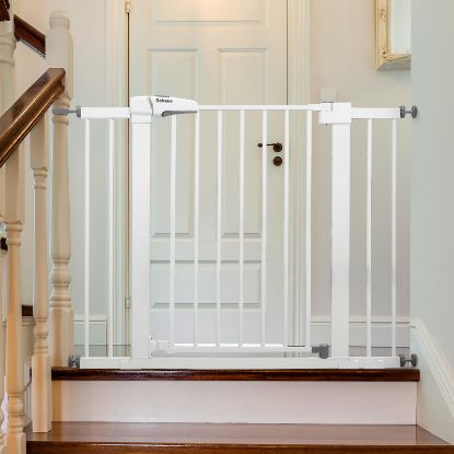 Picture of Babelio Metal Baby Gate, 29-43" Auto Close Easy Install Pet Gate, Extra Wide Walk Thru Child Safety Gate, 30" Tall Pressure Mounted Dog Gate for Doorways & Stairs, White