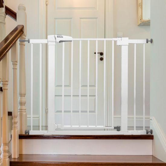 Picture of Babelio Metal Baby Gate, 29-43" Auto Close Easy Install Pet Gate, Extra Wide Walk Thru Child Safety Gate, 30" Tall Pressure Mounted Dog Gate for Doorways & Stairs, White