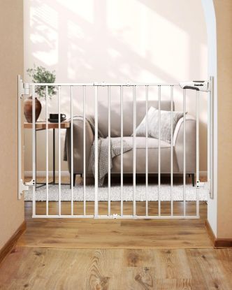 Picture of Babelio 27-45" No Bottom Bar Baby Gate with Easy Installation, 2-in-1 Auto Close Design, Suitable for The House, Stairs, and Doorways, Safety Pet Gates with Large Walk-Thru Door, White