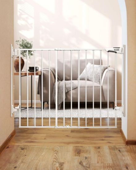Picture of Babelio 27-45" No Bottom Bar Baby Gate with Easy Installation, 2-in-1 Auto Close Design, Suitable for The House, Stairs, and Doorways, Safety Pet Gates with Large Walk-Thru Door, White