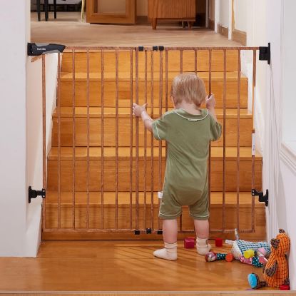 Picture of Babelio 34" Extra Tall Baby/Dog Gate with No Threshold Design Walk Thru Door, 26-43" Auto Close Safety Gate for Babies, Elders and Pets, Fits Doorways, Stairs, and Entryways, Brown Wood Pattern