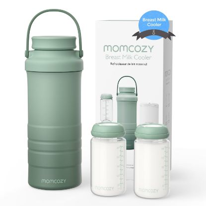 Picture of Momcozy 22oz Portable Breast Milk Cooler for Outdoor, Life Saver with 360° Total Cooling for 24 Hours, Larger Capacity Travel Breastmilk Chiller with 2pcs Baby Bottles for Breastmilk Storage, Green